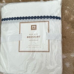 Twin bedskirt from pottery barn teen, NIP, white with navy embroidery dots